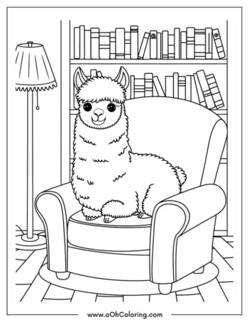 A coloring page of a llama sitting on an armchair with a bookshelf in the background