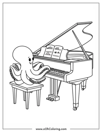 A coloring page of a cute octopus playing a grand piano