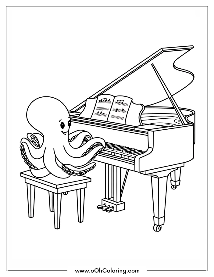 A coloring page of a cute octopus playing a grand piano