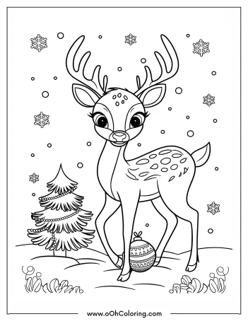 Coloring page of a cute reindeer with a Christmas tree and snowflakes.