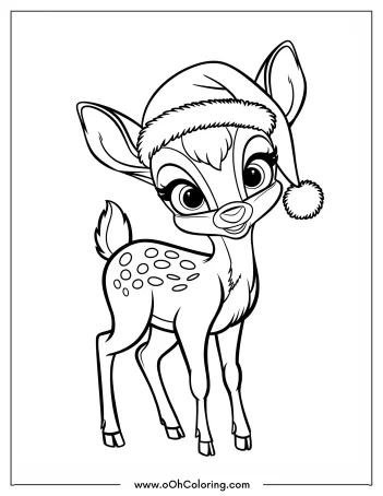 Cute reindeer wearing a Santa hat coloring page