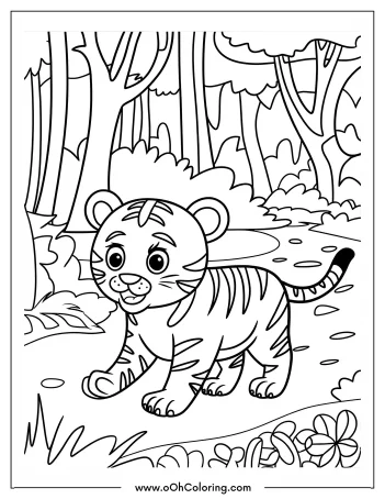 Tiger cub in a forest coloring page