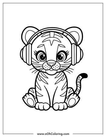 Tiger cub wearing headphones coloring page
