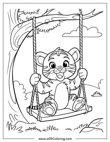 A cartoon tiger on a swing under a tree, designed for coloring.