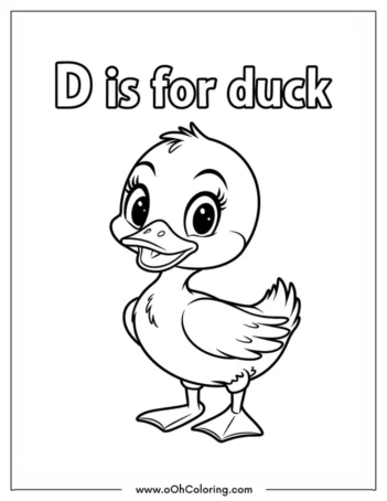 A coloring page of a cute duck with the letters 'D is for duck'