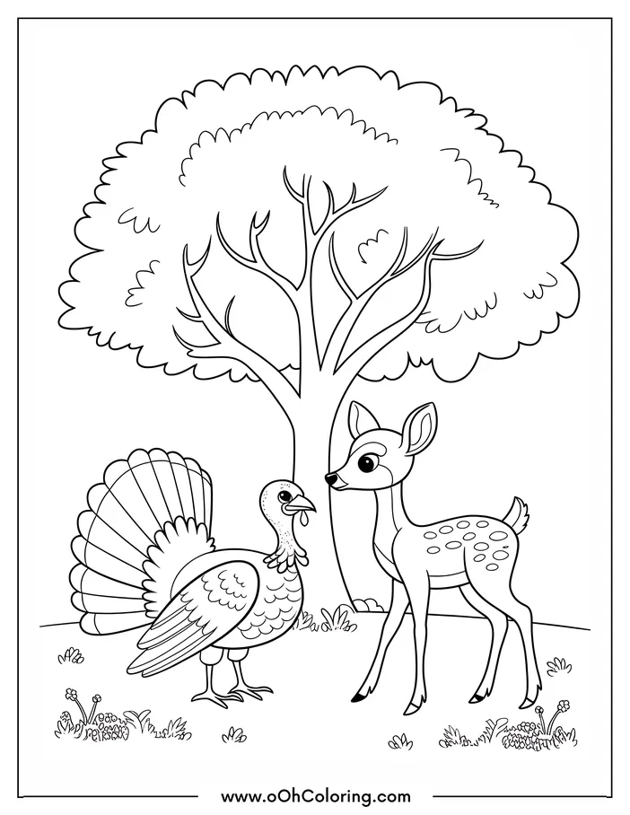 Deer and Turkey coloring page with a tree in the background.