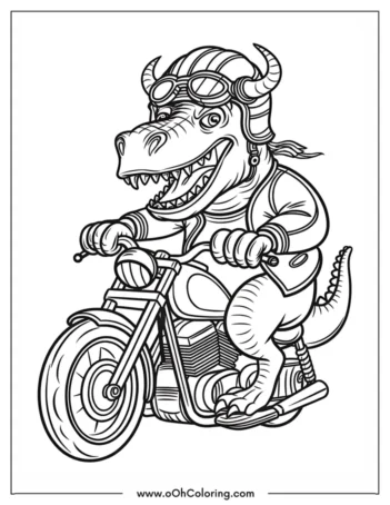 Coloring page of a dinosaur wearing goggles riding a motorcycle