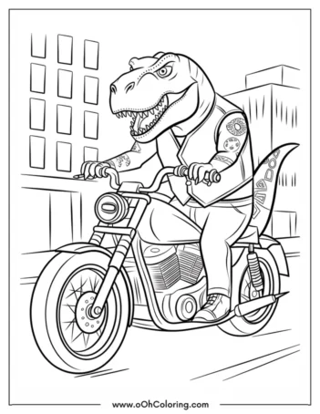 A coloring page of a dinosaur on a motorcycle in a city setting