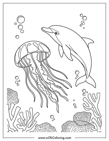 A coloring page of a dolphin and a jellyfish underwater