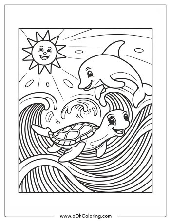 A coloring page of a dolphin jumping over waves next to a smiling turtle
