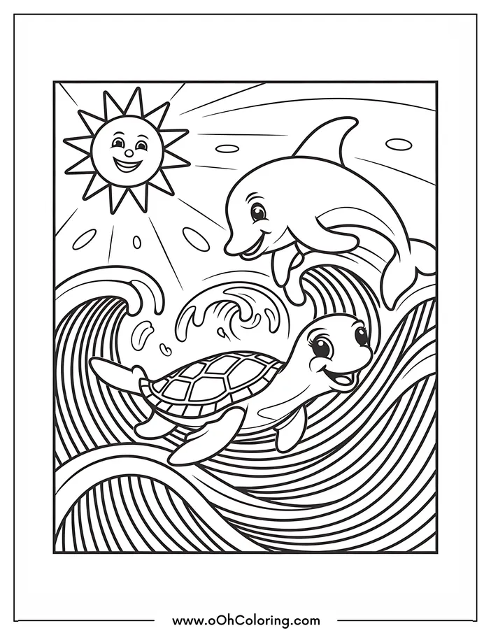A coloring page of a dolphin jumping over waves next to a smiling turtle