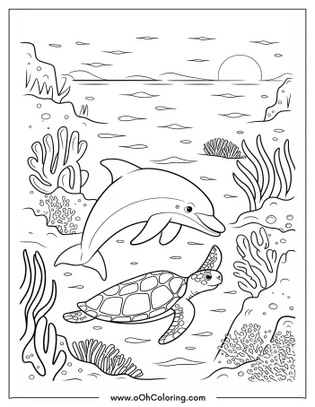 A coloring page of a dolphin swimming above a turtle in an underwater scene