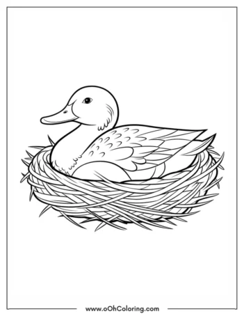A coloring page of a duck sitting in a nest