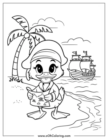 A coloring page of a duck dressed as a pirate holding a treasure map with a ship and palm tree behind.
