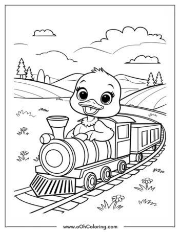 Coloring page of a happy duck on a train