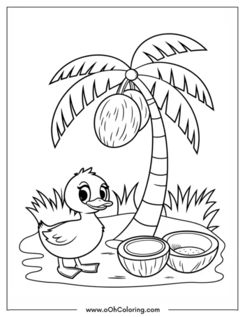 A coloring page of a smiling duck next to a coconut tree