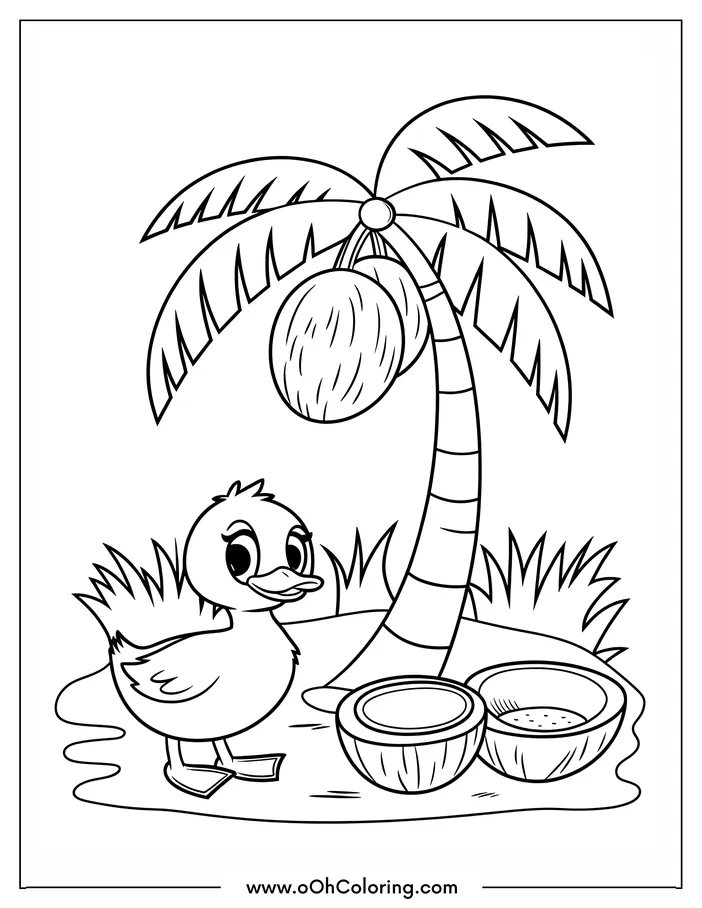 A coloring page of a smiling duck next to a coconut tree