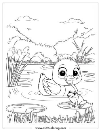 A coloring page of a duck swimming with a frog on a lily pad