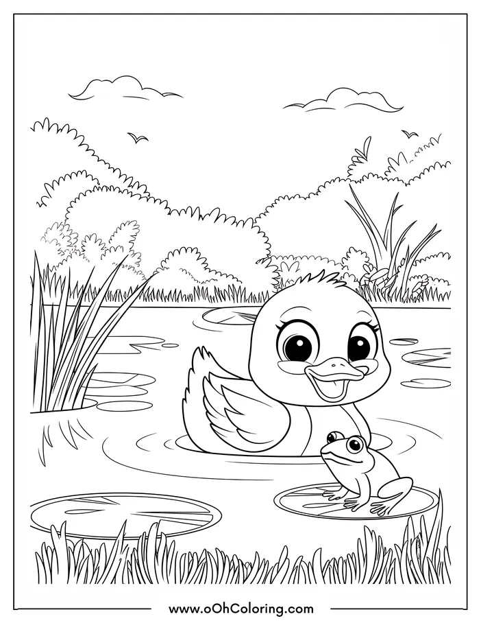 A coloring page of a duck swimming with a frog on a lily pad