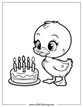 A coloring page of a happy duckling beside a birthday cake with candles