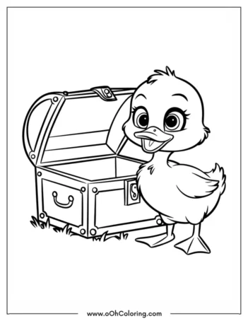 A coloring page of a duckling next to an open treasure chest