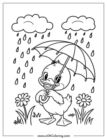 A coloring page of a duckling holding an umbrella in the rain