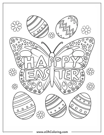 Coloring page with a butterfly, Easter eggs, and flowers saying 'Happy Easter'.