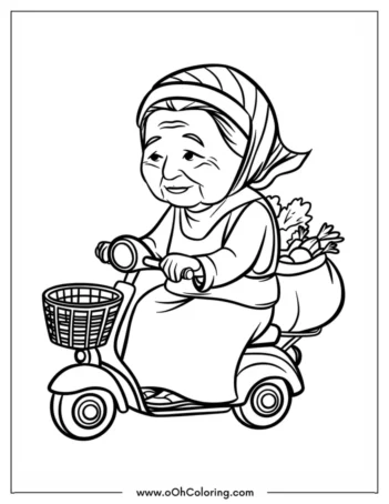 Coloring page of an elderly woman riding a scooter with groceries in a basket