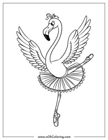 A coloring page of a flamingo dressed as a ballerina dancing