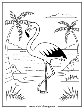 A coloring page of an elegant flamingo standing on a beach with palm trees