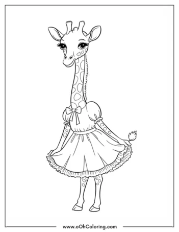 An elegant giraffe wearing a frilly dress in a coloring page