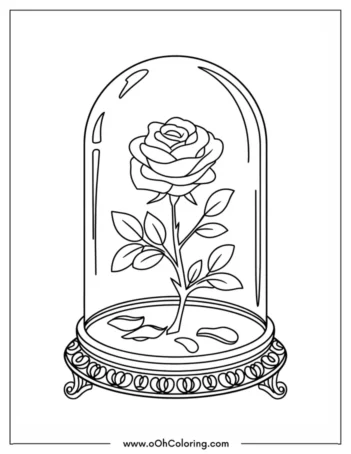 A coloring page depicting a rose in a glass dome