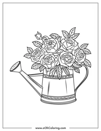 A coloring page of roses in a decorative watering can