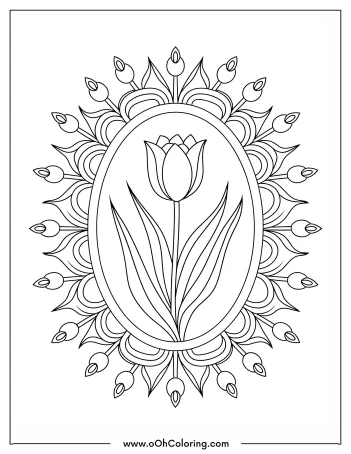 A coloring page with a central tulip encircled by detailed mandala patterns
