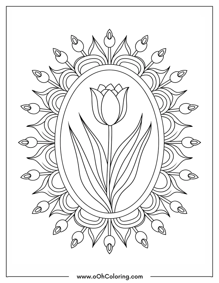 A coloring page with a central tulip encircled by detailed mandala patterns