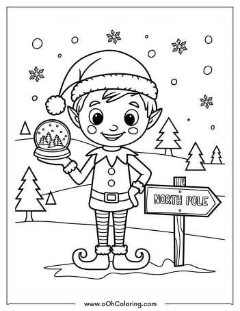 Cheerful elf holding a snow globe by a North Pole sign with snowflakes and trees.