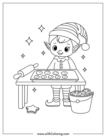 An elf in a hat baking cookies with a rolling pin and a table full of treats.