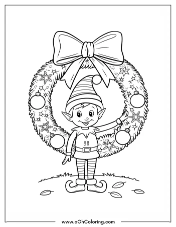 Elf standing in front of a Christmas wreath with ornaments and a bow