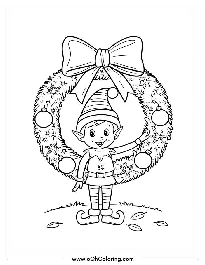 Elf standing in front of a Christmas wreath with ornaments and a bow