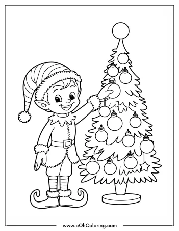 Elf decorating a Christmas tree with baubles and ornaments.