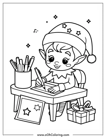 A cute elf drawing stars at a desk with a cup of markers and a gift beside him.
