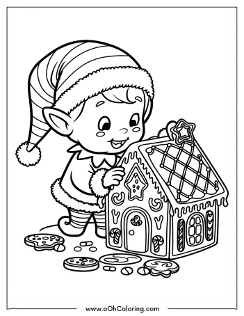 Elf decorating a gingerbread house with icing and cookies.