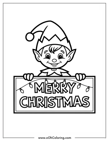 Cheerful elf holding a Merry Christmas sign with lights.