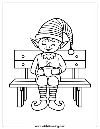 Cheerful elf sitting on a bench with a striped hat and holding a cup.