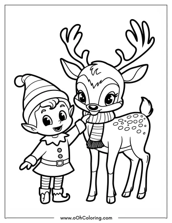 Cute elf and reindeer coloring page with scarves.