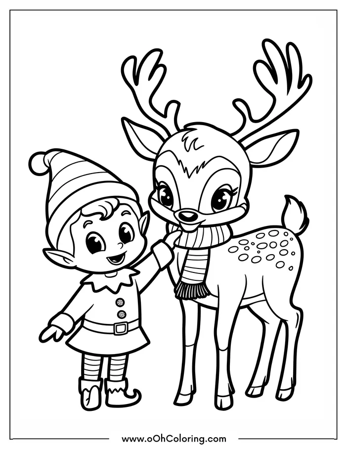 Cute elf and reindeer coloring page with scarves.