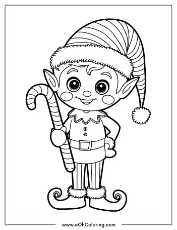Coloring page of an elf holding a candy cane.