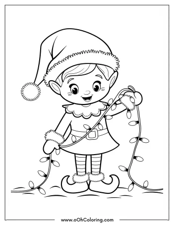 Cheerful elf holding Christmas lights coloring page