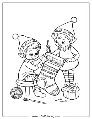 Two elves decorating a patterned Christmas stocking with a gift box and yarn nearby.