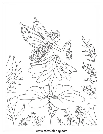 A coloring page of a fairy with wings standing on a flower, holding a lantern.